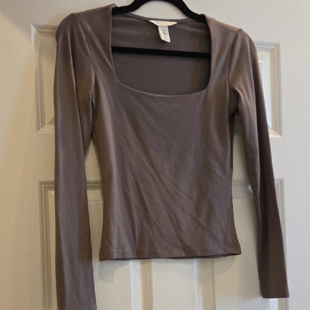 H&M Long Sleeve Square Neck Top - Taupe
